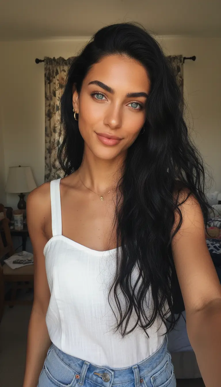 Desert Muse: Effortlessly Slim, Long Raven Hair & Summery Glow