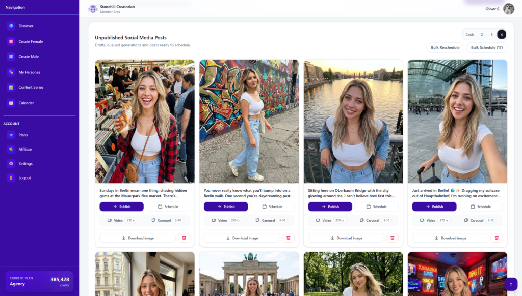 Stonehill Creatorlab content planner showing AI creator posts ready to publish or schedule