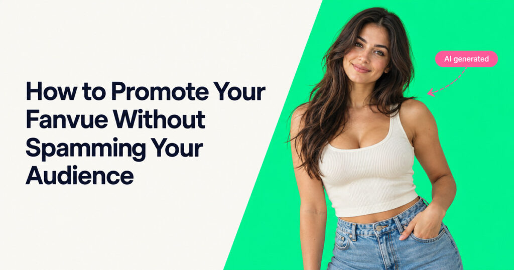 Fictional AI lifestyle creator beside the headline How to Promote Your Fanvue Without Spamming Your Audience