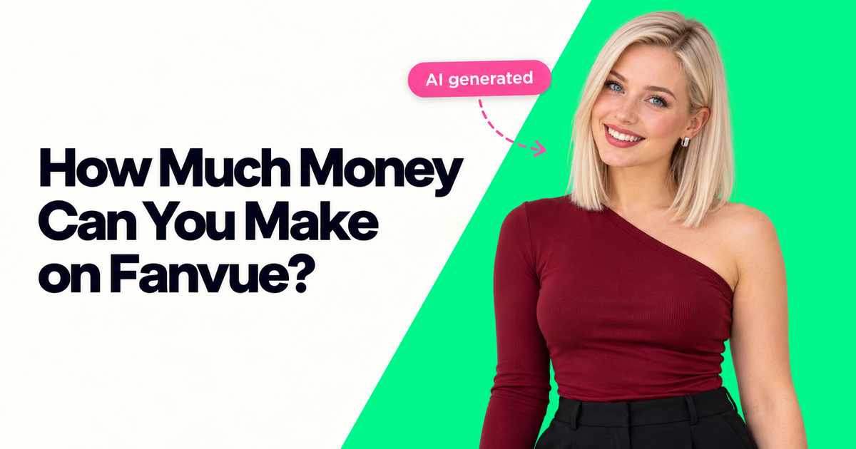 How Much Money Can You Make on Fanvue? Magazine cover featuring a fictional AI creator against a green panel.
