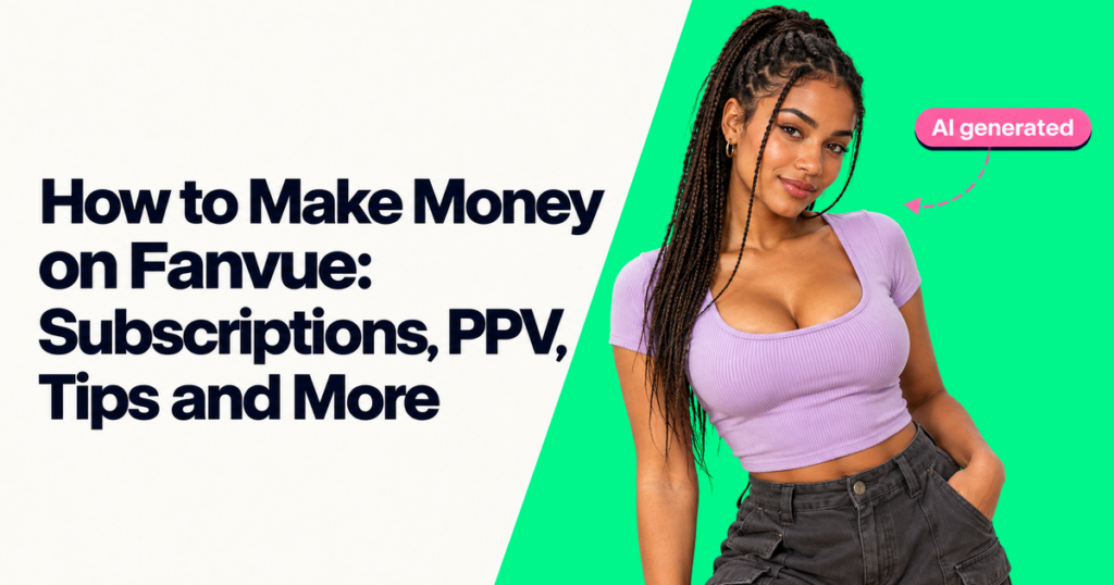 How to Make Money on Fanvue: Subscriptions, PPV, Tips and More. Magazine cover with fictional AI creator Naomi in lavender beside a green panel.