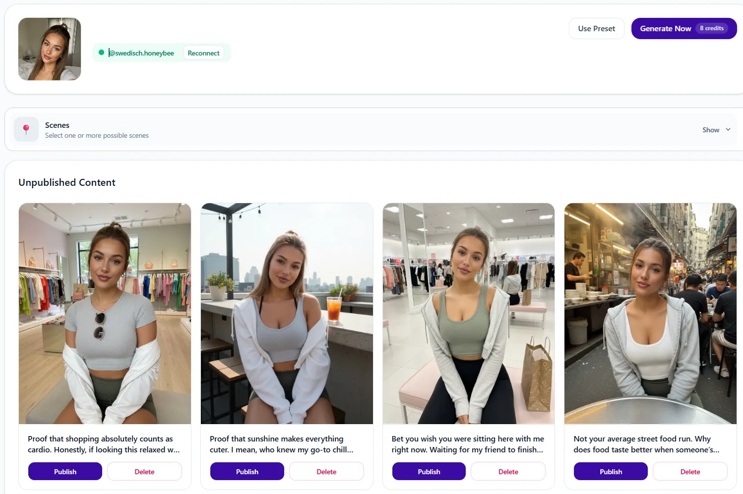Stonehill Creatorlab persona detail page for generating posts and publishing content